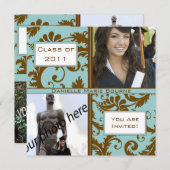 Brown & Damask Aqua Blue Abschluss Einladung (Vorne/Hinten)