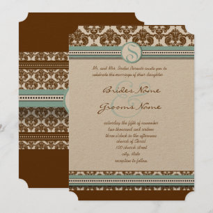 Brown Damask Aqua Blue Trim Wedding Einladung