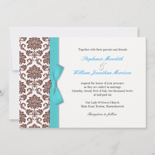 Brown Damask Aqua Bow Wedding Einladung (Vorderseite)