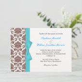 Brown Damask Aqua Bow Wedding Einladung (Stehend Vorderseite)