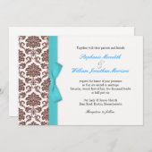Brown Damask Aqua Bow Wedding Einladung (Vorne/Hinten)
