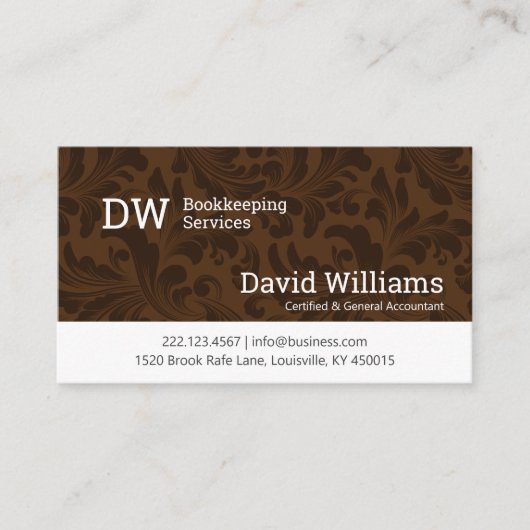 Brown Damask Bookkeeping/Accounting Business Card Visitenkarte (Vorderseite)