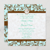 Brown Damask Light Aqua Blue Wedding Einladung (Vorne/Hinten)