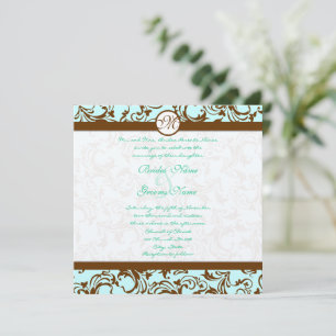 Brown Damask Light Aqua Blue Wedding Einladung