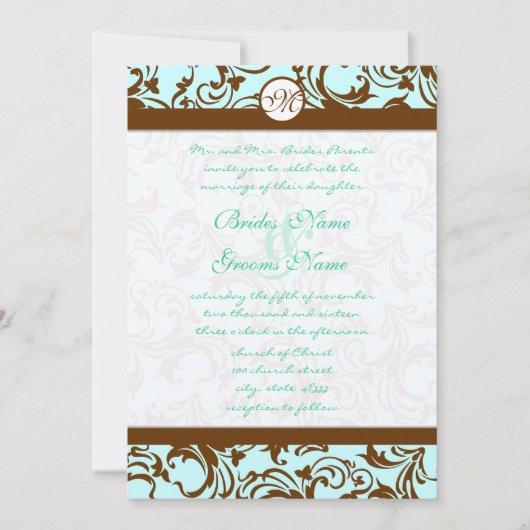 Brown Damask Light Aqua Blue Wedding Einladung (Vorderseite)