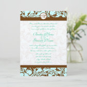 Brown Damask Light Aqua Blue Wedding Einladung (Stehend Vorderseite)