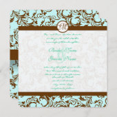 Brown Damask Light Aqua Blue Wedding Einladung (Vorne/Hinten)