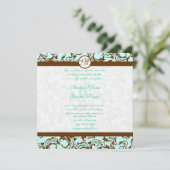 Brown Damask Light Aqua Blue Wedding Einladung (Stehend Vorderseite)