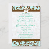 Brown Damask Light Aqua Blue Wedding Einladung (Vorderseite)