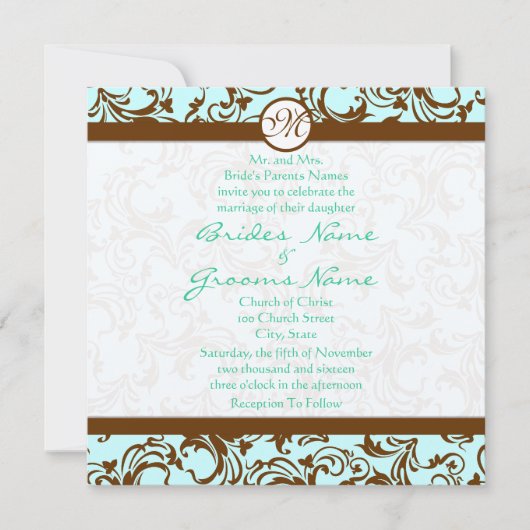 Brown Damask Light Aqua Blue Wedding Einladung (Vorderseite)