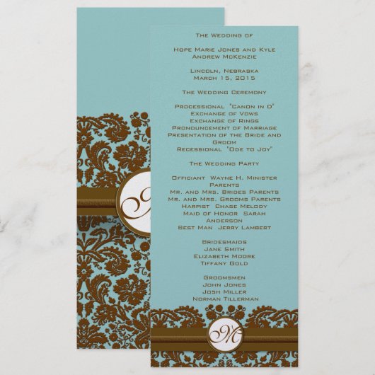 Brown Damask Monogram Wedding Program Programm (Vorne/Hinten)
