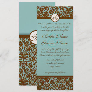 Brown Damask on Aqua Blue Wedding Einladung