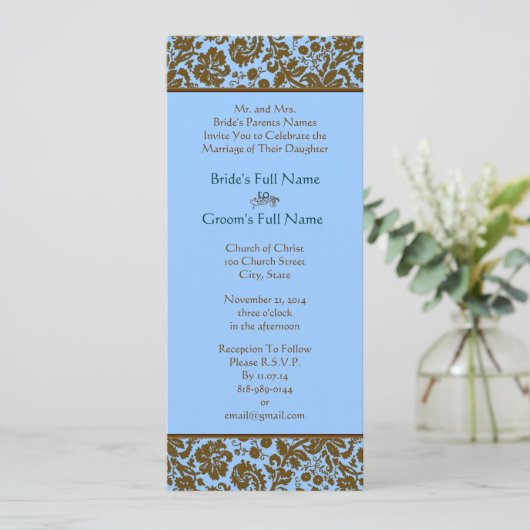 Brown Damask on Aqua Blue Wedding Einladung (Stehend Vorderseite)