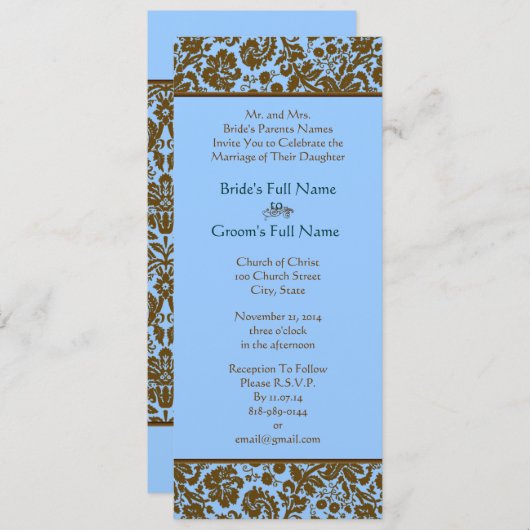 Brown Damask on Aqua Blue Wedding Einladung (Vorne/Hinten)