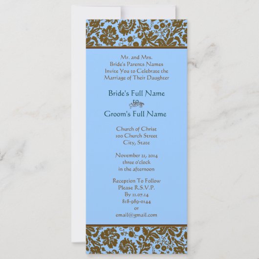 Brown Damask on Aqua Blue Wedding Einladung (Vorderseite)
