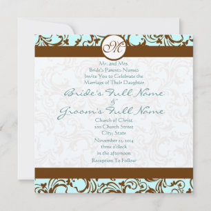 Brown Damask on Aqua Blue Wedding Einladung