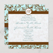 Brown Damask on Aqua Blue Wedding Einladung (Vorne/Hinten)