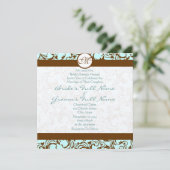 Brown Damask on Aqua Blue Wedding Einladung (Stehend Vorderseite)