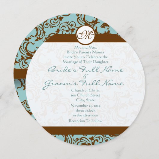 Brown Damask on Aqua Wedding Einladung (Vorne/Hinten)