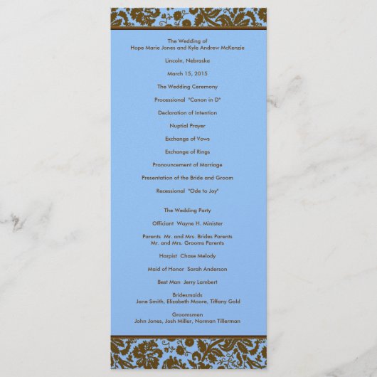 Brown Damask on Blue Wedding Program Programm (Vorderseite)