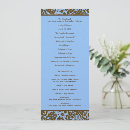 Brown Damask on Blue Wedding Program Programm (Stehend Vorderseite)