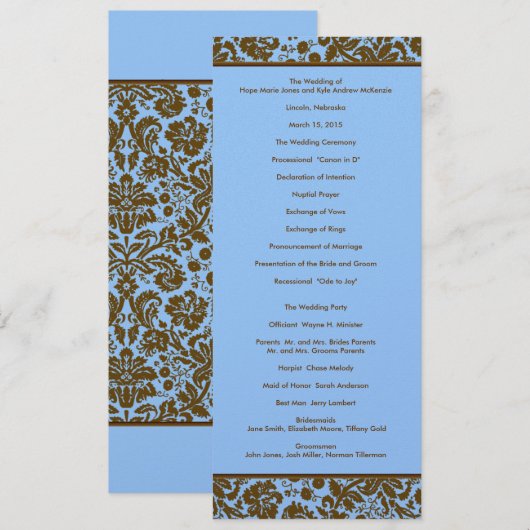 Brown Damask on Blue Wedding Program Programm (Vorne/Hinten)