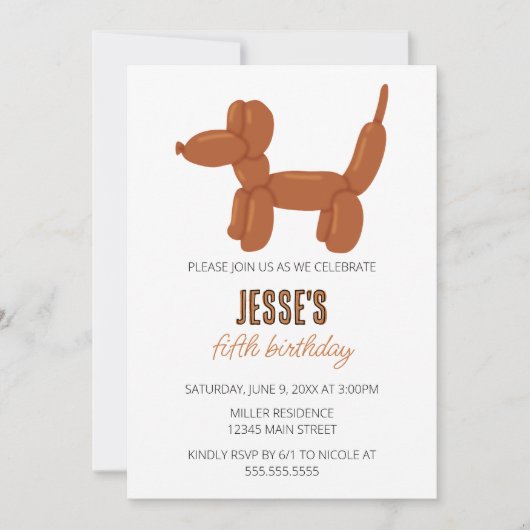 Brown Dog Balloon Animal Birthday Party Einladung (Vorderseite)