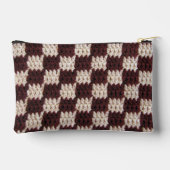 Brown Ecru Checkered Pattern Artisan Crochet Print Zubehörtasche (Rückseite)