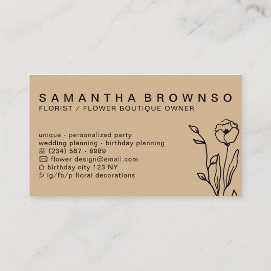 Brown Elegante Girly Blume Florist Visitenkarte (Rückseite)