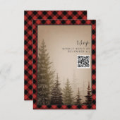 Brown Evergreen Tree Rustic Kariert Wedding QR Cod RSVP Karte (Vorne/Hinten)
