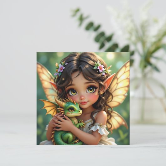 Brown Eyed Elven Fairy and Dragon Karte (Stehend Vorderseite)