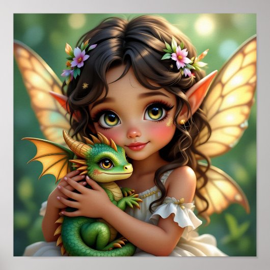Brown Eyed Elven Fairy and Dragon Poster (Vorne)