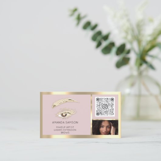 Brown Eyelash Brow Makeup Logo Qr Code Rose Foto Visitenkarte (Stehend Vorderseite)