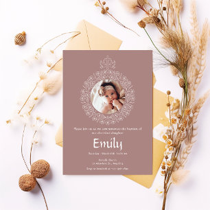 Brown floral Minimalistisches Foto Taufe Einladung