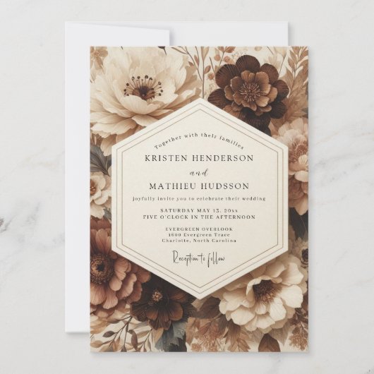 Brown Floral Opulent Wedding Einladung (Vorderseite)