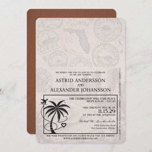 Brown Florida Passport Hochzeit Einladung (Vorne/Hinten)