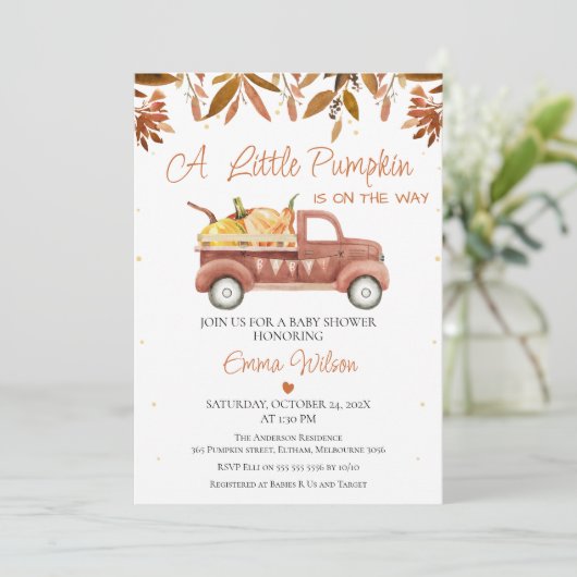 Brown Foliage Heart Pumpkin Truck Baby Dusche Einladung (Stehend Vorderseite)