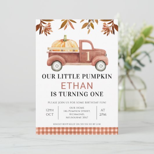 Brown Foliage Little Pumpkin Truck Geburtstag Einladung (Stehend Vorderseite)