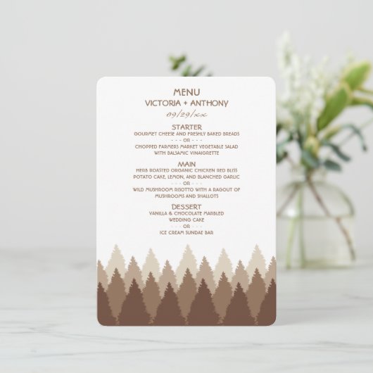 Brown Forest Range Woodland Wedding Menü Menükarte (Stehend Vorderseite)