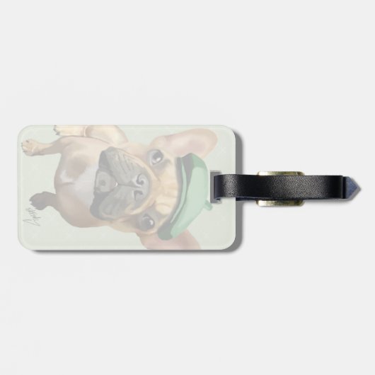 Brown French Bulldog mit Green Hat Gepäckanhänger (Rückseite horizontal)