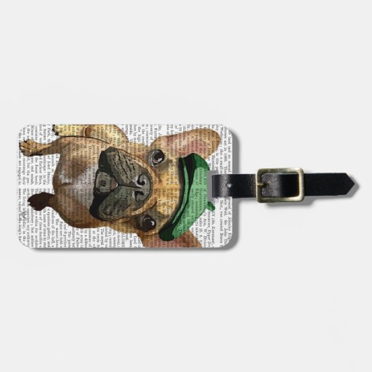 Brown French Bulldog mit Grünem Hut 2 Gepäckanhänger (Vorderseite horizontal)
