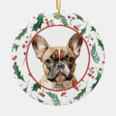 Brown French Bulldog Red Berry Holly Border Keramik Ornament (Vorne)