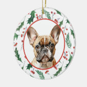 Brown French Bulldog Red Berry Holly Border Keramik Ornament (Links)