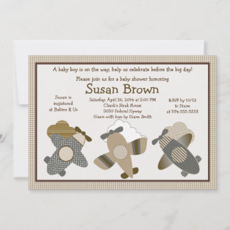 Brown Gingham Airplanes Babydusche Einladung