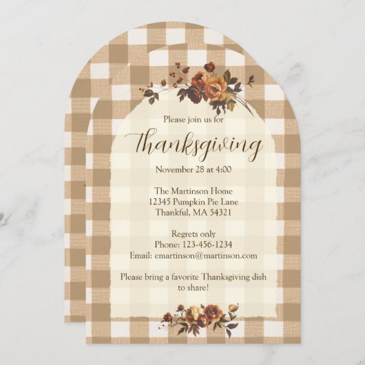 Brown Gingham Autumn Florals Arch Erntedank Einladung (Vorne/Hinten)