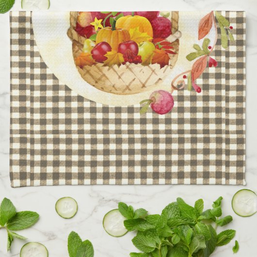Brown Gingham Fall Harvest Basket Geschirrtuch (Gefaltet)