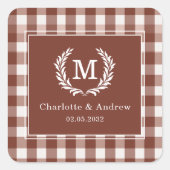 Brown Gingham Monogram Wappen Custom Quadratischer Aufkleber (Vorderseite)