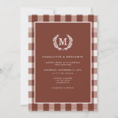 Brown Gingham Monogram Wappen Einladung (Vorderseite)