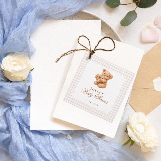 Brown Gingham Teddy Bear Neutral Baby Shower Paper Geschenkanhänger
