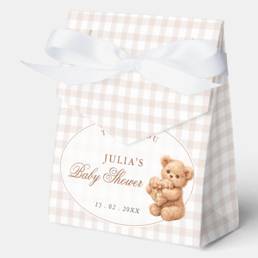 Brown Gingham Teddy Bear Neutral Baby Shower Paper Geschenkschachtel (Vorderseite)